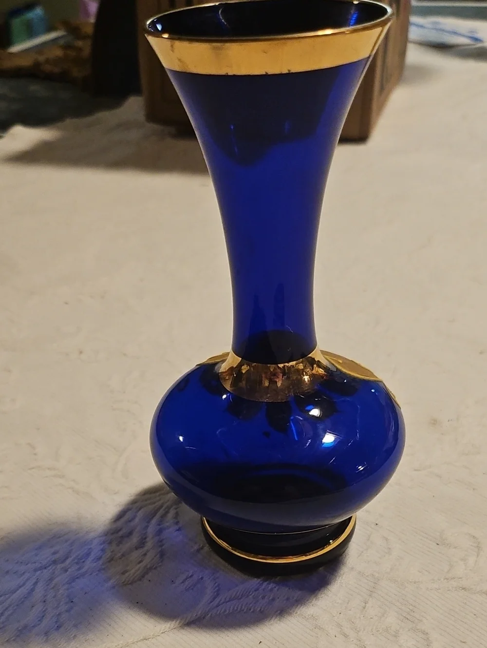 VINTAGE BOHEMIAN CRYSTAL VASE COBALT BLUE W GOLD TRIM AND HANDPAINTED FLOWERS 6
